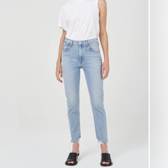 Agolde Jeans “Merrel” 25 Blue Slim Straight Leg Raw Hem Mid Rise Womens - Picture 3 of 12